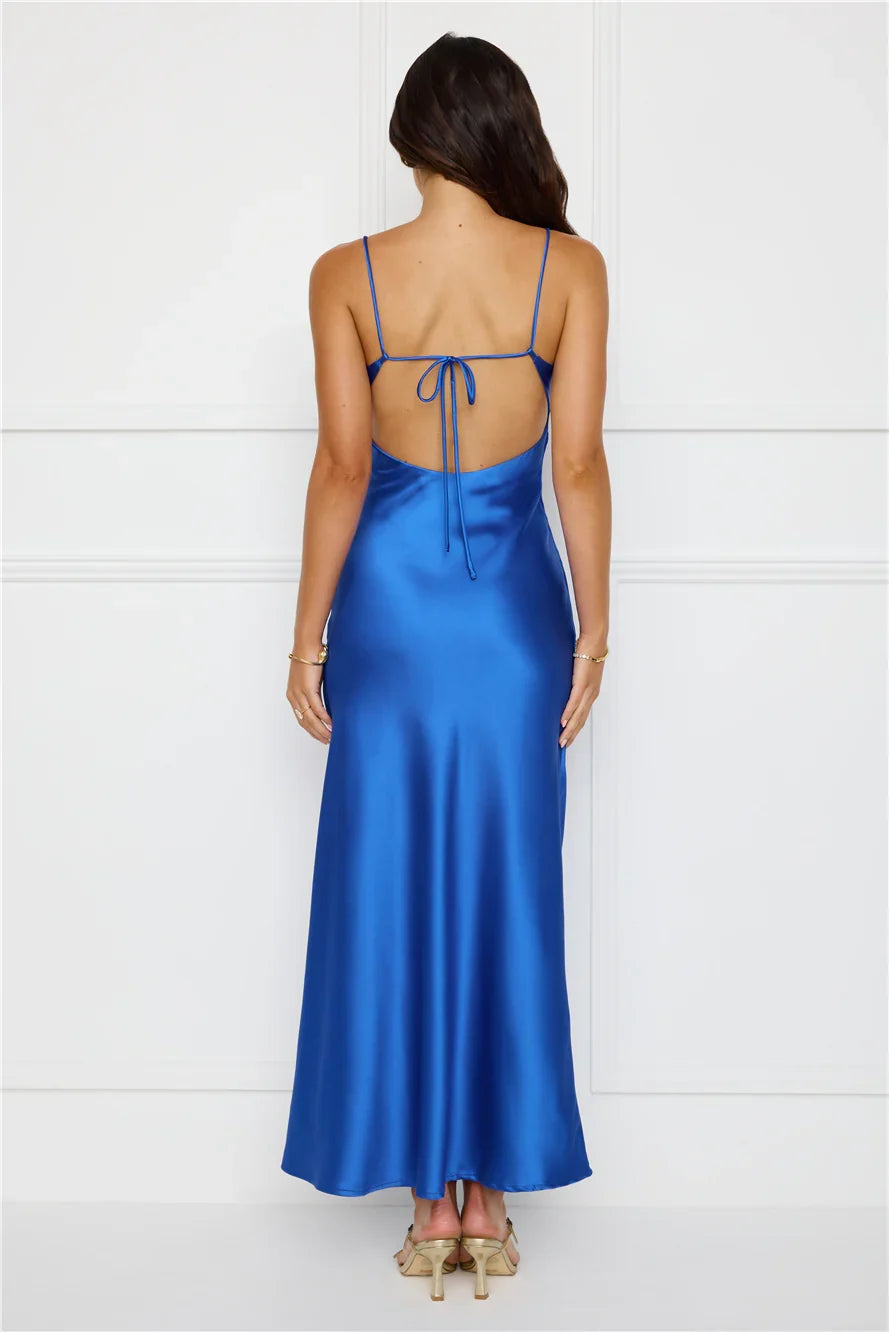 V collar satin exposed back strap long Prom dress