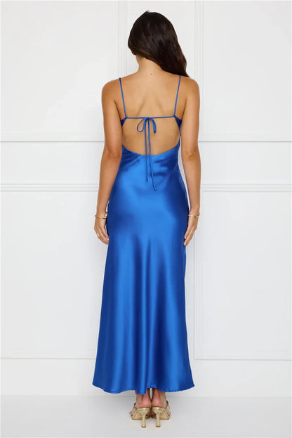 V collar satin exposed back strap long Prom dress
