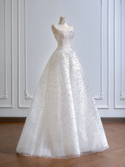 White strapless, fitted waist, full skirt, long ball gown R8164
