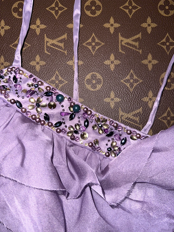 Purple halter-neck, tiered, long ball gown R6969