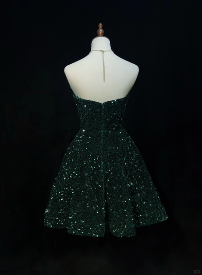 Green Strapless Sequined Waist Slim A-Line Short Skirt Homecoming Dress R4958