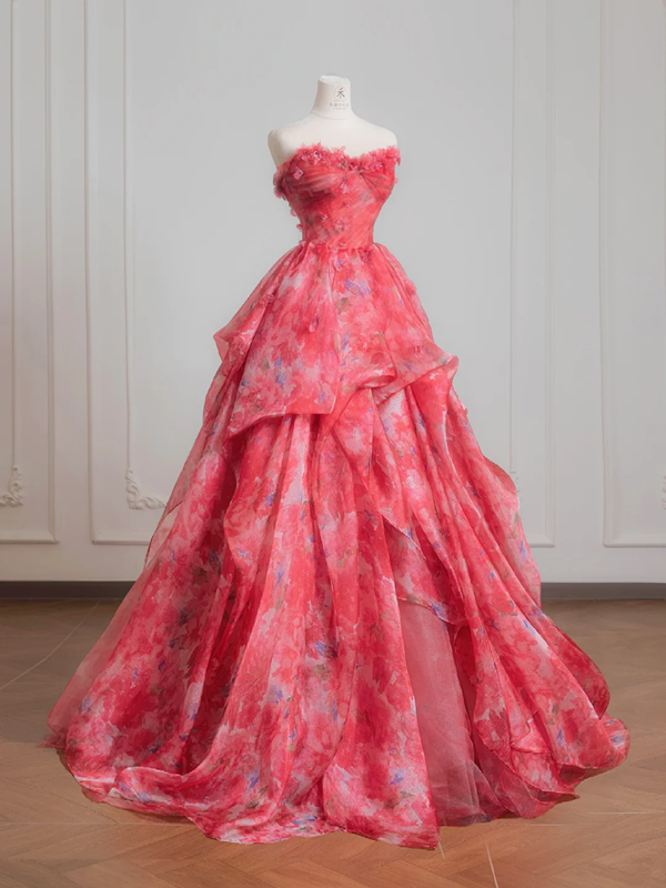 Pink floral strapless cinched waist ball gown with a full skirt R8230