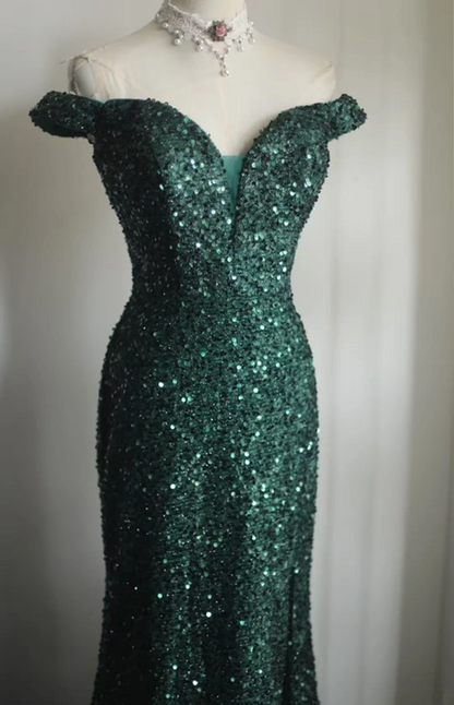 Dark green off-the-shoulder sequined fitted long ball gown R6809