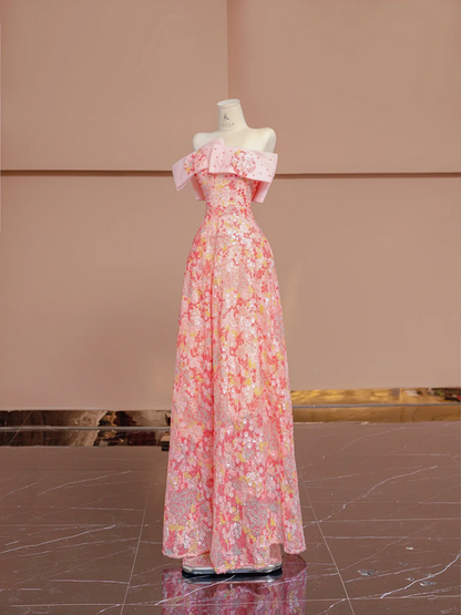 Pink floral print off-the-shoulder fitted A-line long ball gown/bridal dress R8395