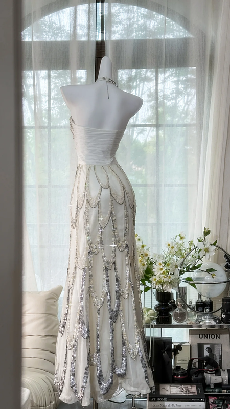 White halter-neck, fitted waist, long, elegant sequined ball gown R7644