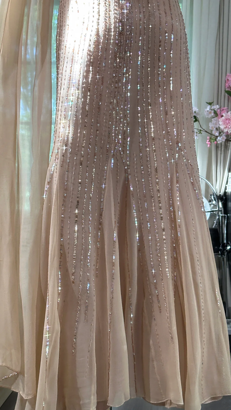 Light pink sequined halter-neck fitted bodycon long ball gown R7605