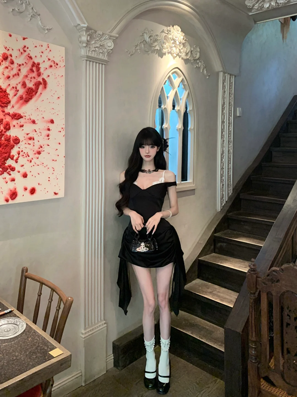 Black suspender satin pleated waist hip skirt homecoming dress R5078