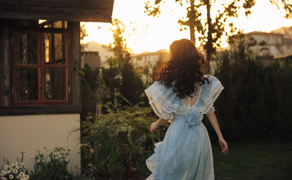 Light blue flutter sleeve fitted waist vintage ball gown R7262