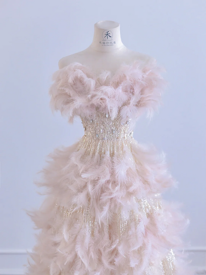 Light pink strapless feather design, rhinestone base, long sexy ball gown/bridal dress R8280