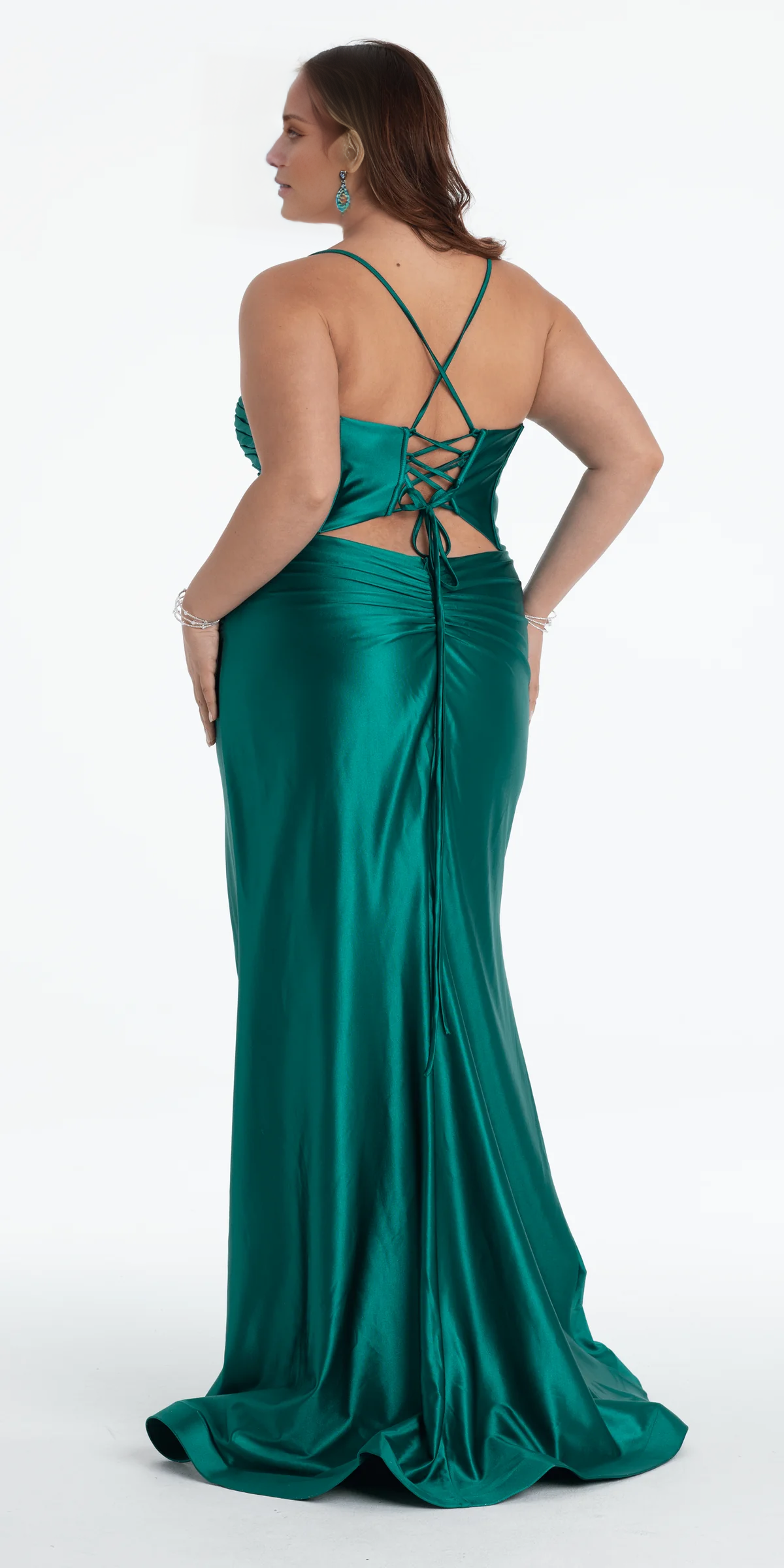 off shoulder satin thin shoulder strap tight corset and floor length Prom dress