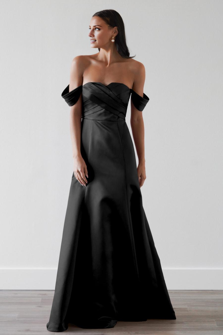 off shoulder collar pleated backless and floor length evening dress