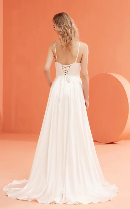 A-line V-neck slim shoulder strap sleeveless and floor length Prom dress