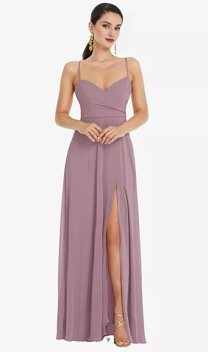 Adjustable front slit shoulder strap wrap Prom dress