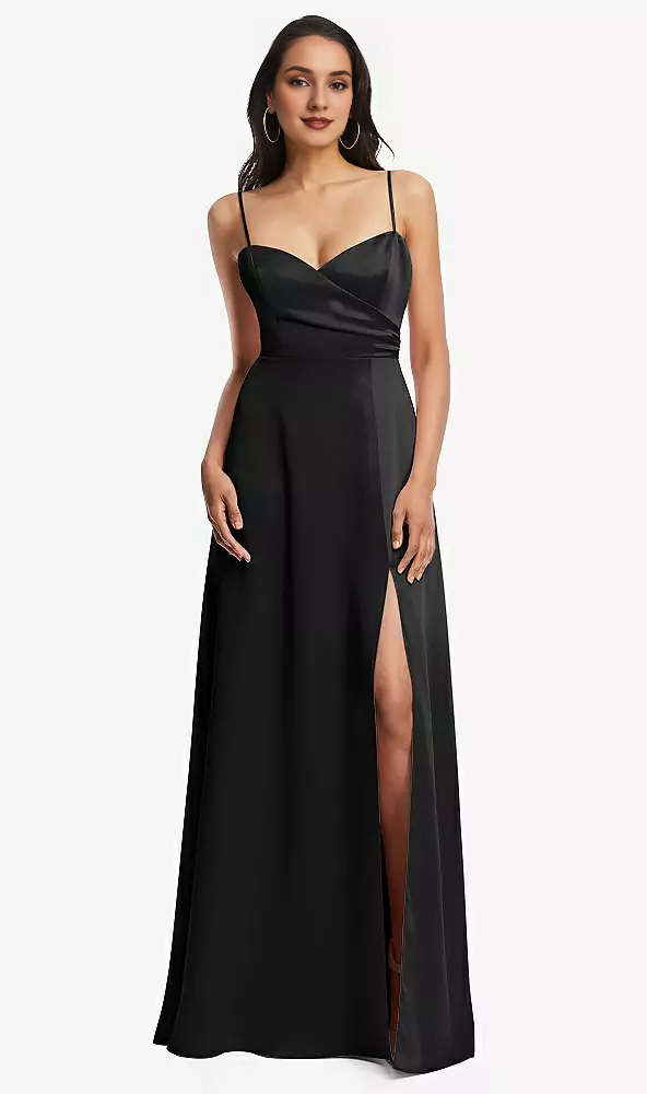 Adjustable shoulder strap A-line imitation wrap body length Prom dress