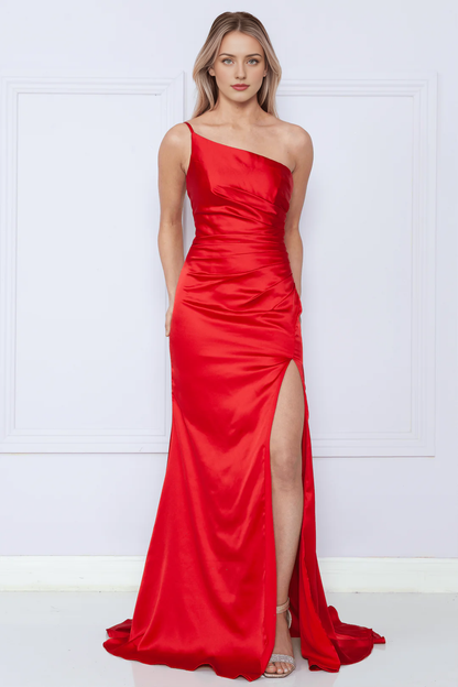Fitted slit skirt one shoulder long Chamiyus silk dress