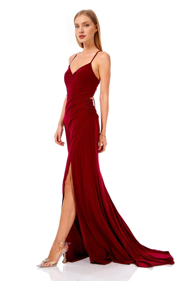 Thin shoulder strap V-neck side slit and floor length Prom dress