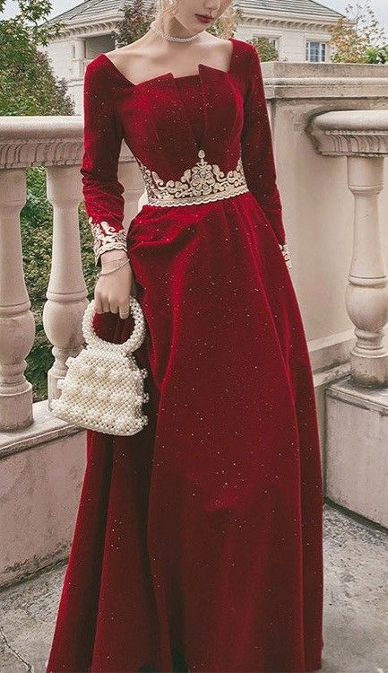 Pretty Red Velvet Beaded Appliques A Line Birthday Party Dress Long Evening Gown