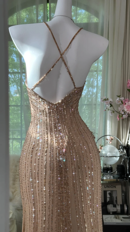 Light pink sequined halter-neck fitted bodycon long ball gown R7605