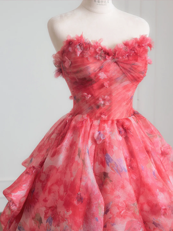 Pink floral strapless cinched waist ball gown with a full skirt R8230