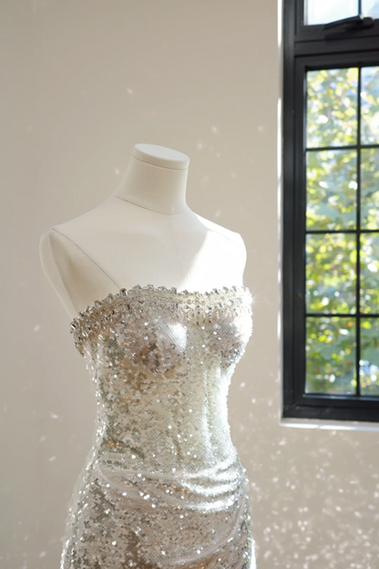 Silver strapless fitted long ball gown, bridal dress R8521