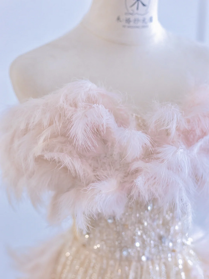 Light pink strapless feather design, rhinestone base, long sexy ball gown/bridal dress R8280