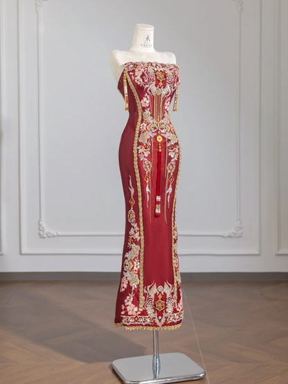 Red strapless embroidered vintage floral pattern fitted long ball gown/bridal dress R8250