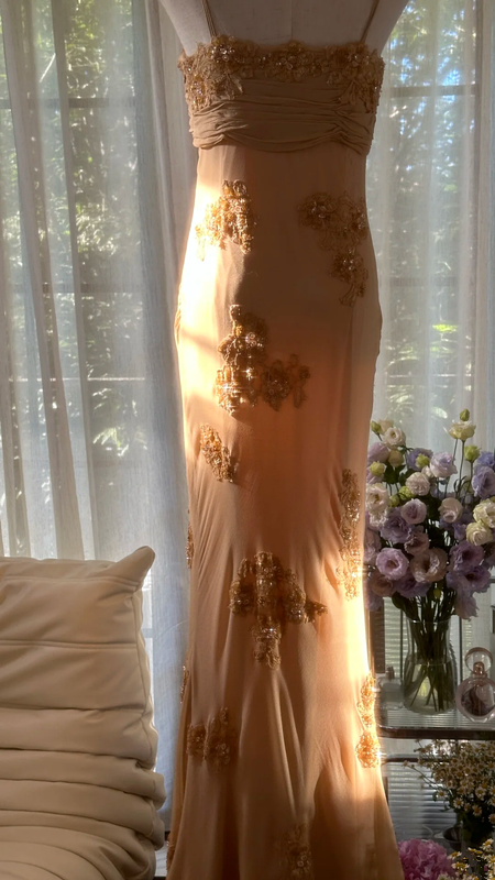 Light brown halter-neck long ball gown R7756