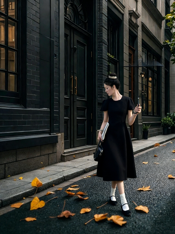 Black round neck fitted A-line long ball gown R8022