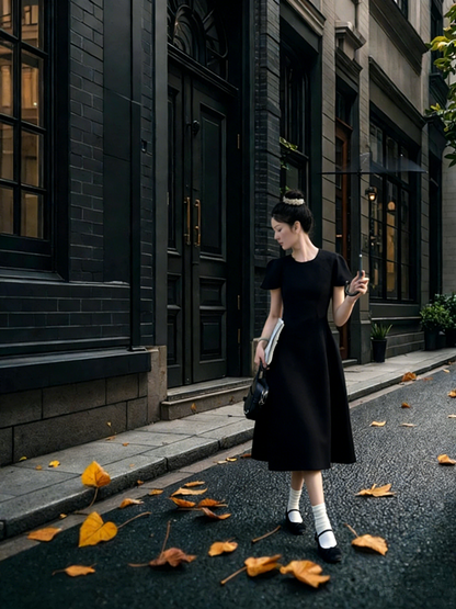 Black round neck fitted A-line long ball gown R8022