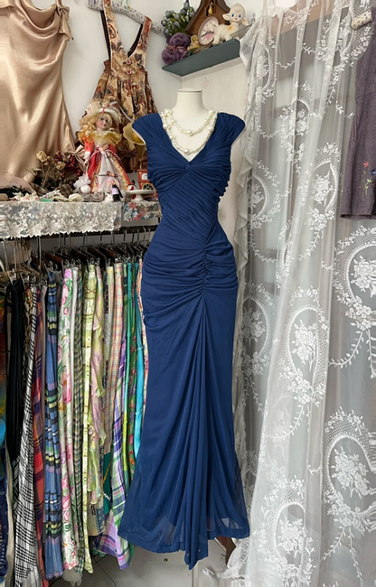 Blue fitted, pleated, bodycon long ball gown R6330