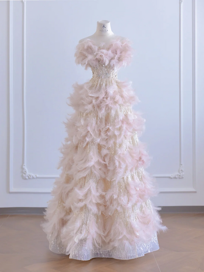 Light pink strapless feather design, rhinestone base, long sexy ball gown/bridal dress R8280