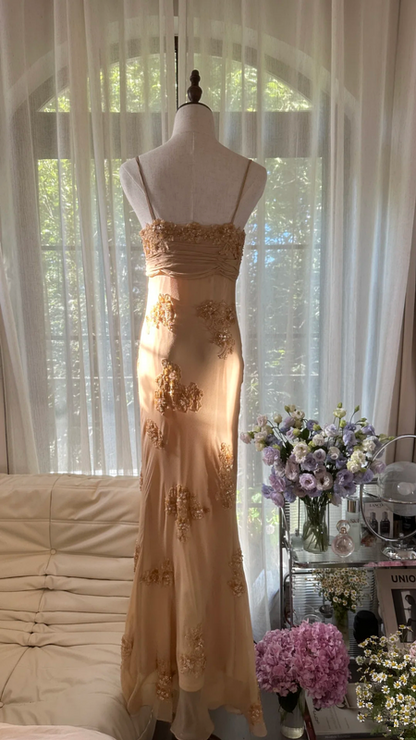 Light brown halter-neck long ball gown R7756