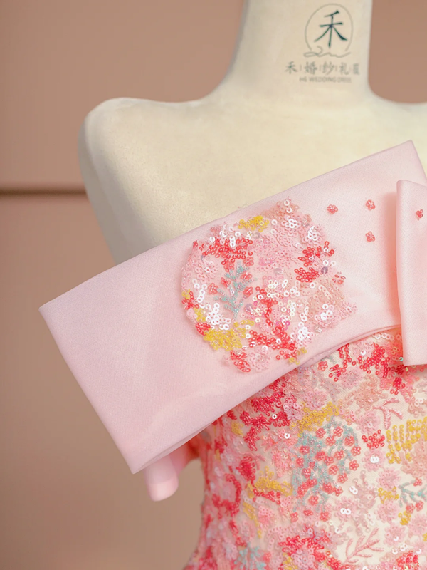 Pink floral print off-the-shoulder fitted A-line long ball gown/bridal dress R8395