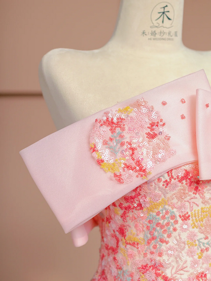 Pink floral print off-the-shoulder fitted A-line long ball gown/bridal dress R8395