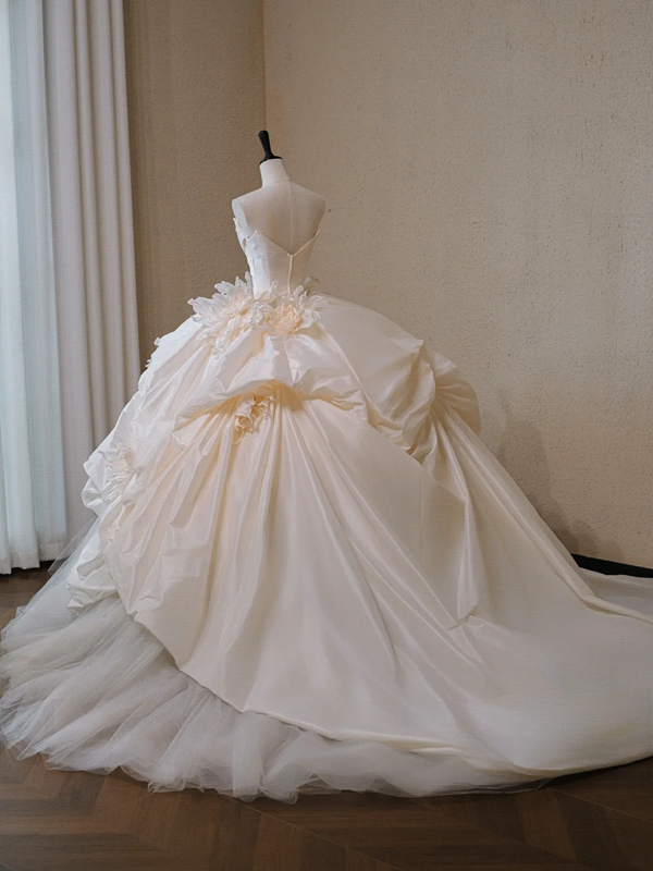Champagne color suspender waist slim fit puffy skirt bridal dress R5697