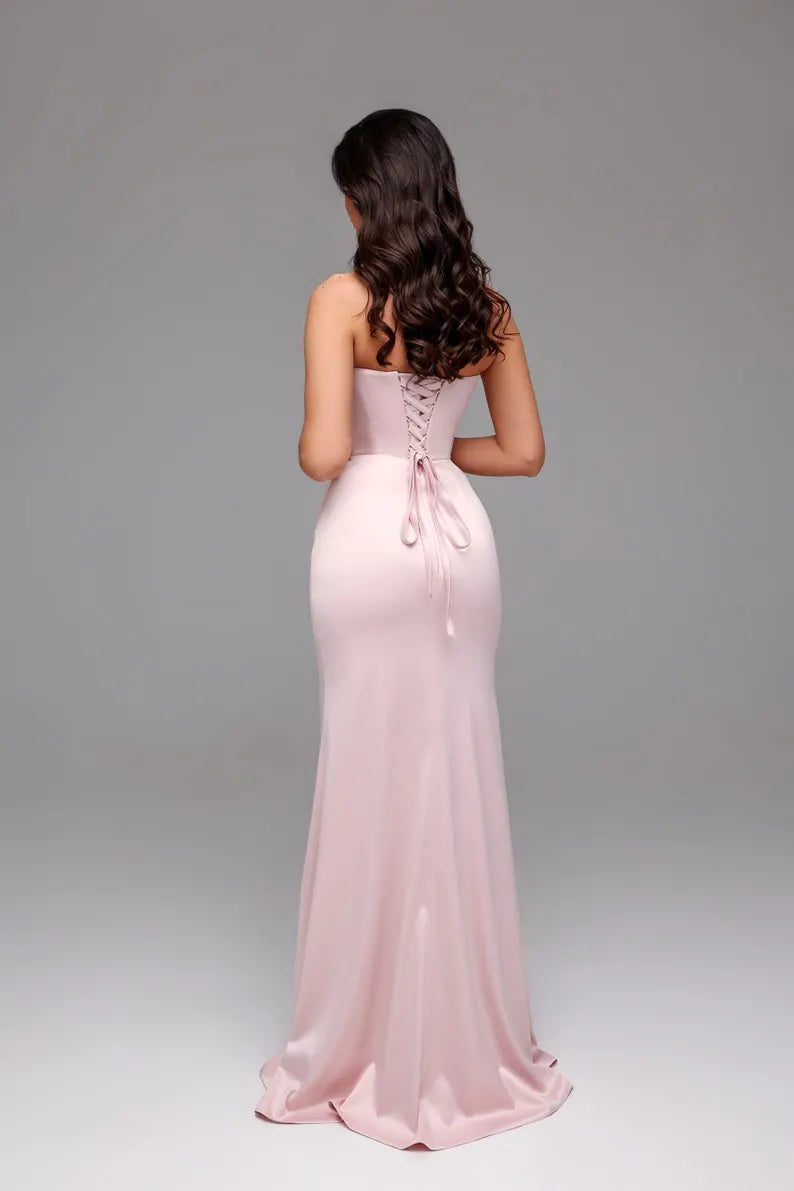 - backless strapless back strap with side slit and floor length Prom dress