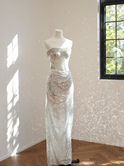 Silver strapless fitted long ball gown, bridal dress R8521