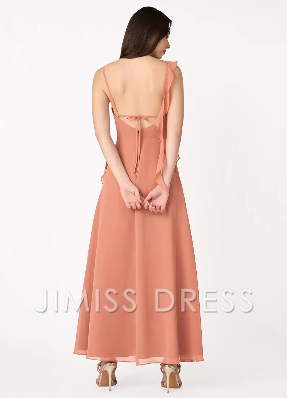 slim shoulder chiffon asymmetrical ruffle edge side slit and floor length Prom dress
