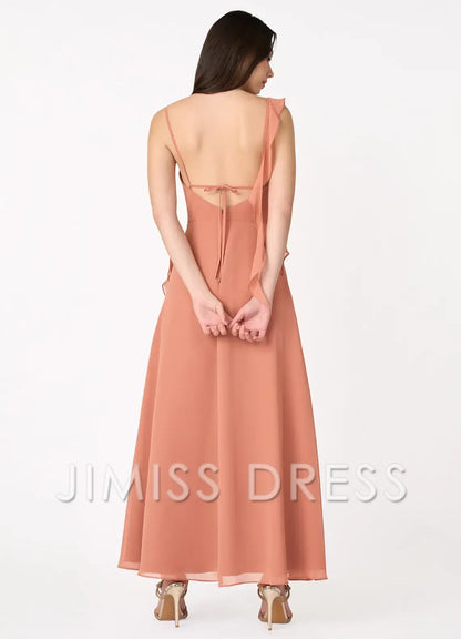 slim shoulder chiffon asymmetrical ruffle edge side slit and floor length Prom dress
