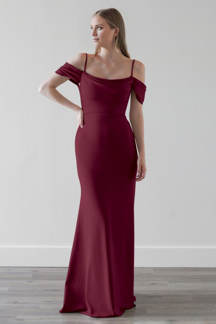 slim shoulder strap with exposed back zipper and floor length evening dress