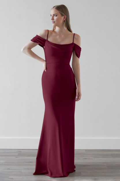 slim shoulder strap with exposed back zipper and floor length evening dress