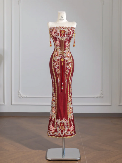 Red strapless embroidered vintage floral pattern fitted long ball gown/bridal dress R8250