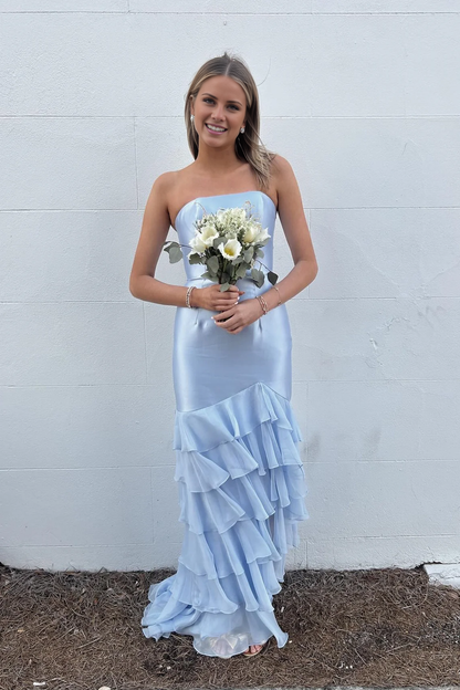 off shoulder blue layered slit mermaid long dress