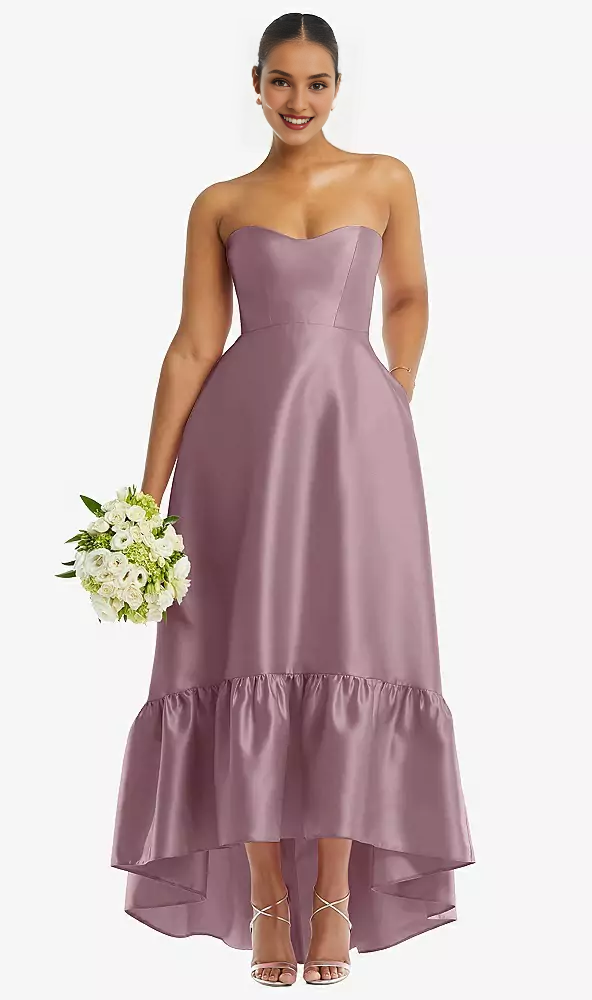 Pocket strapless deep ruffle hem satin high low prom dress