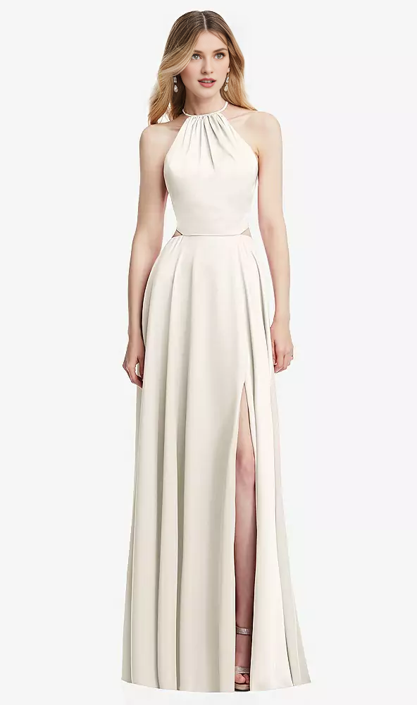 Hanging neck cross strap pleated back strap hollowed out long Prom dress