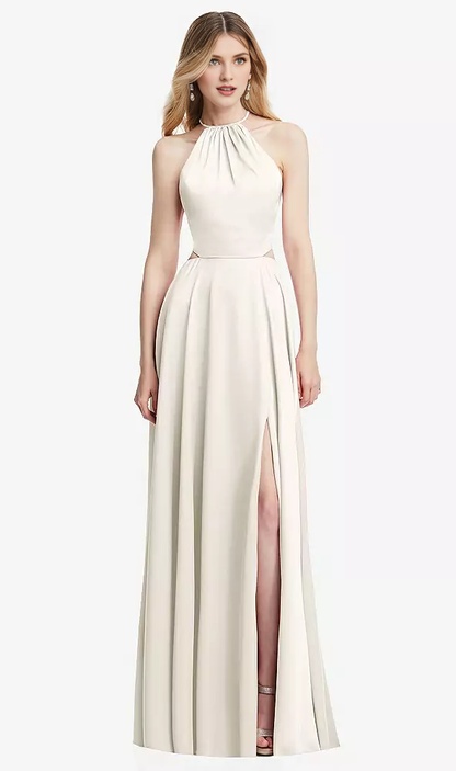 Hanging neck cross strap pleated back strap hollowed out long Prom dress