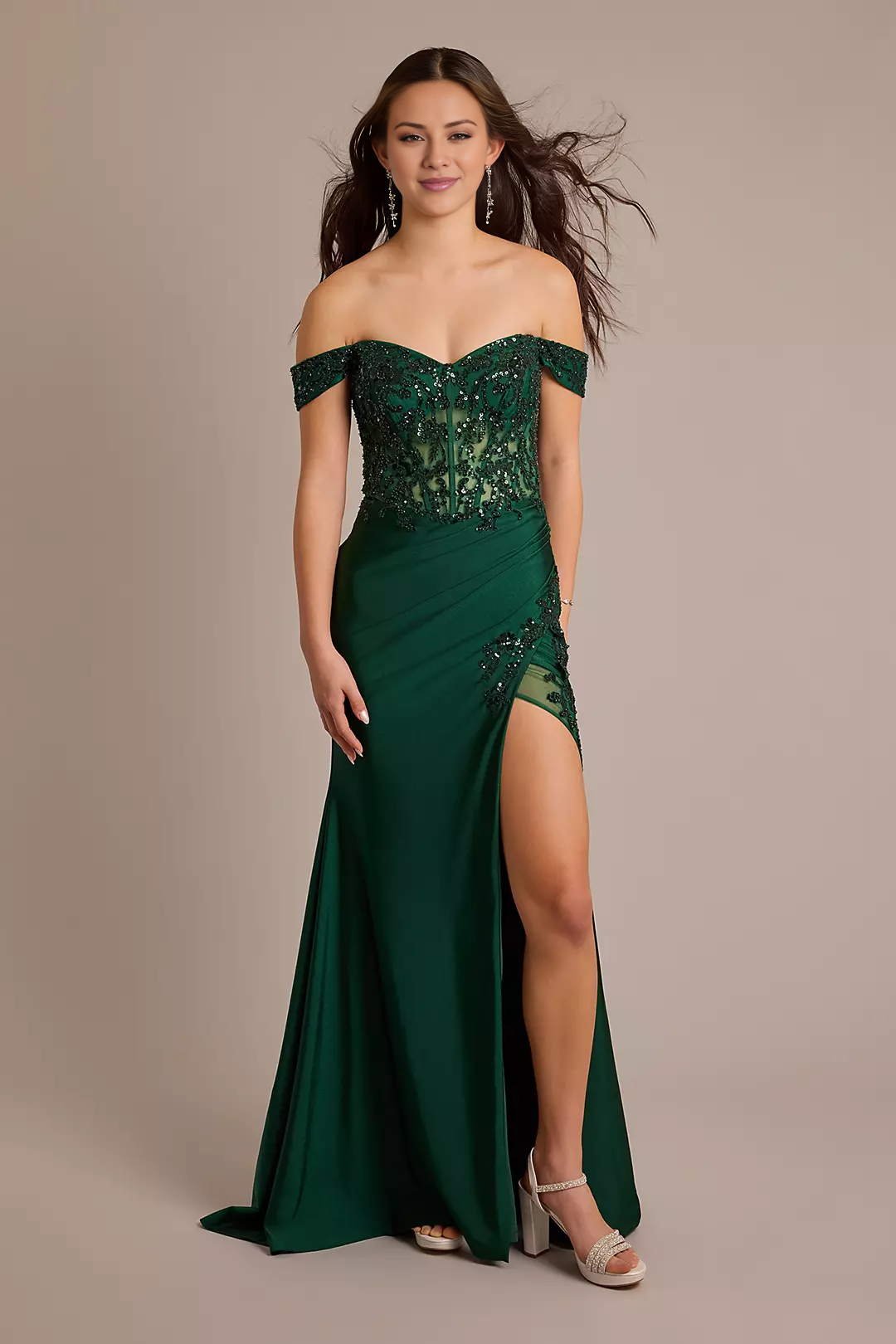 Sequin Applique Satin Off-Shoulder Sheath Dress