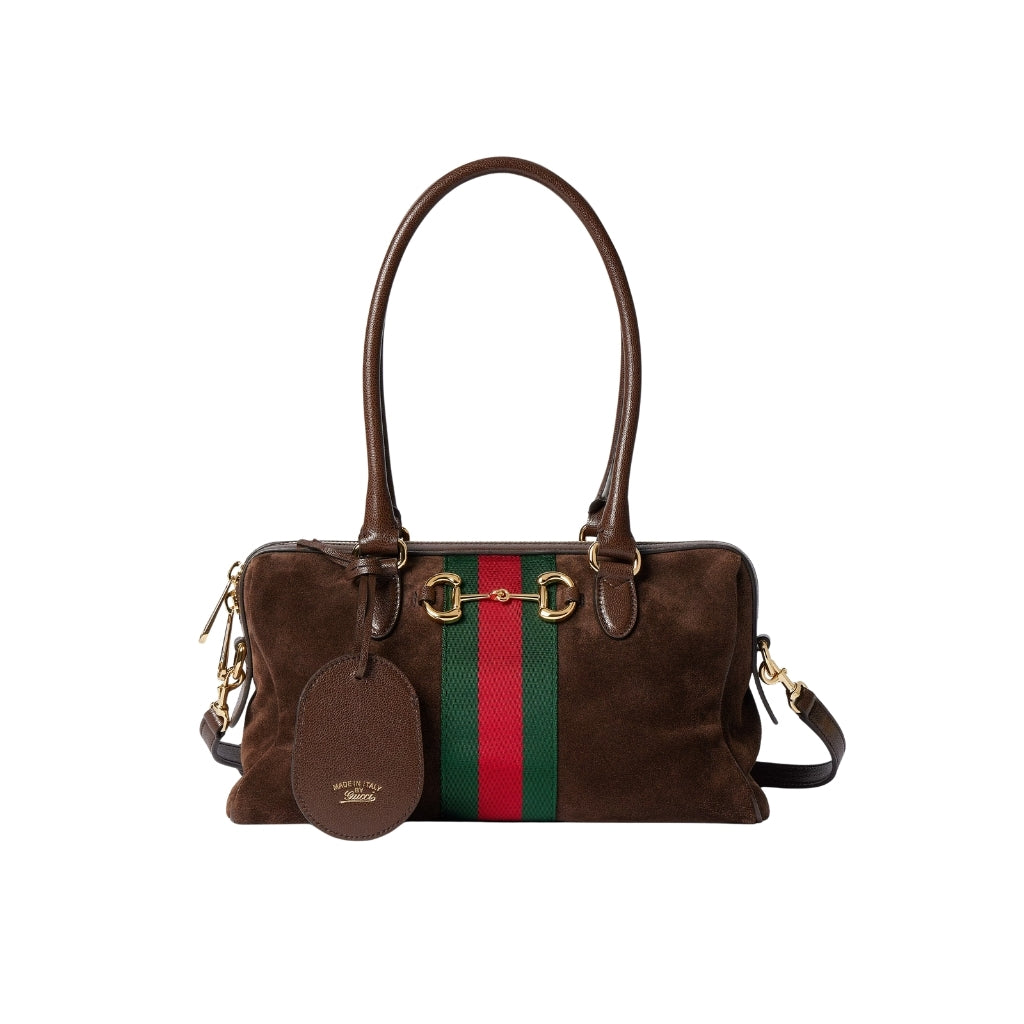 Gucci Borsetto Medium Boston Bag Suede Leather Dark Brown 28Cm