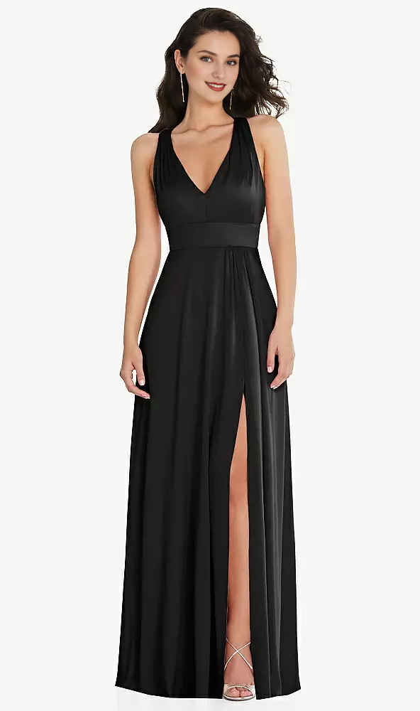Front slit parallel crease seam shoulder back cross long Prom dress
