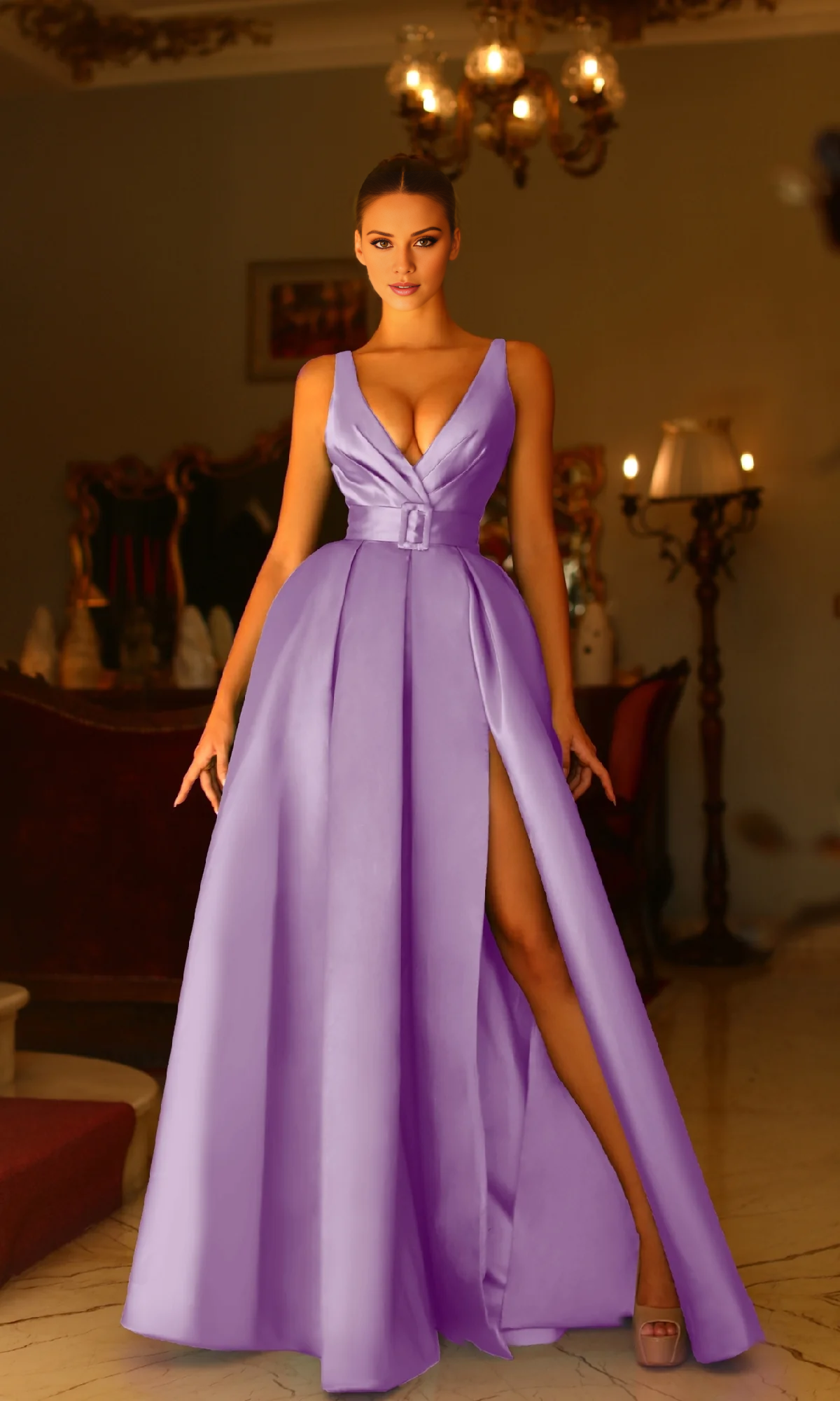 A-line deep V-neck off shoulder side slit and floor length evening dress